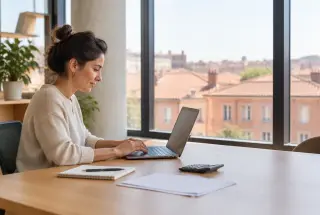 Entrepreneuse travaillant sur la création de son entreprise dans un espace de coworking lumineux à Toulouse, avec les toits de la ville visibles par la fenêtre.
