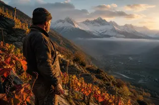 Savoyard mountain winemaker standing on steep terrace among autumn vines, with snow-capped Alps in the background under golden sunlight