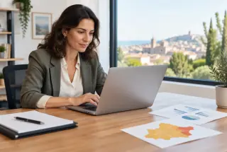 Entrepreneuse préparant un dossier de financement dans un bureau lumineux avec une carte de l’Occitanie et des graphiques sur la table.