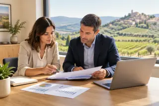 Une entrepreneuse échange avec un conseiller sur un dossier de création d’entreprise dans un bureau lumineux donnant sur les vignes d’Occitanie.