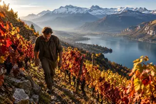 Mountain winemaker walking on steep terraced vineyard overlooking Lake Annecy with snowy peaks in the background, autumn leaves glowing in golden morning light.