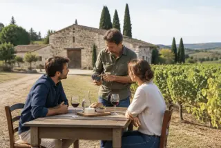 Vigneron présentant son domaine viticole à deux visiteurs autour d’une table au milieu des vignes en Occitanie.