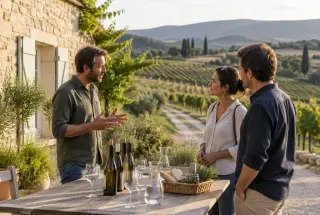 Vigneron présentant son domaine viticole à deux visiteurs devant une ferme en pierre, au milieu des vignes en Occitanie.