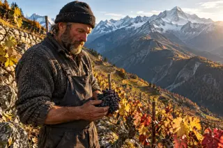 Mountain winemaker in terraced Savoie vineyard with snowy Alps background, holding dark grapes under autumn sunlight.