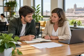 Un entrepreneur échange avec une conseillère dans un espace d’incubation lumineux, autour d’un carnet et d’un ordinateur portable.