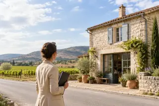 Entrepreneuse observant un local professionnel dans un village rural d’Occitanie entouré de vignes et de collines.