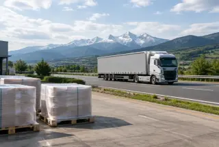Camion de marchandises circulant près des Pyrénées, symbole des exportations entre l’Occitanie et l’Espagne.