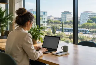 Entrepreneuse travaillant dans un espace de coworking lumineux avec le quartier moderne de Montpellier visible par les baies vitrées.